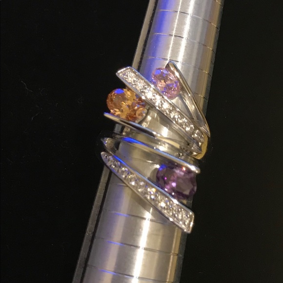 Sterling Silver Ring, purple pink  AAA CZ  faceted Stones, unique statement ring - Picture 5 of 11